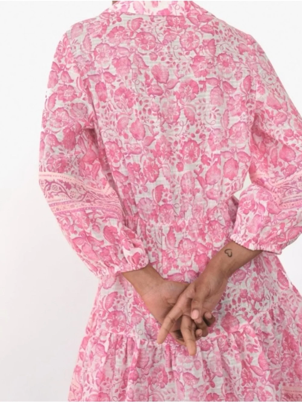 Zara Dress Womens Medium Pink White Floral V-Neck Tiered Tunic Ballon Sleeve - Picture 2 of 7